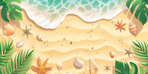Top view 3D cartoon illustration sand sea and shells tropical beach, Flat lay minimal summer holiday vacation concept