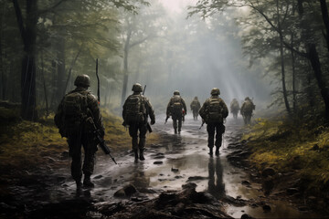 Soldiers walking in the fog - obrazy, fototapety, plakaty