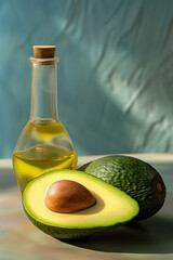 Half Avocado with Seed, Glass Bottle Mockup: Cooking Oil, Skincare