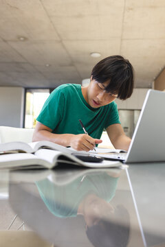 Teenage Asian boy studying intently at a table