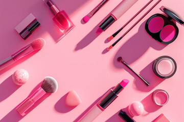 Top view flat lay Various cosmetics products on pink background