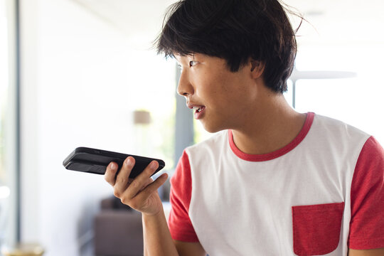 Teenage Asian boy speaks into a phone at home, with copy space