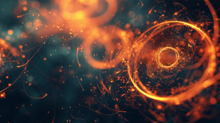 Jagged lines and pulsating circles mimicking the energetic collisions and fusion reactions taking place at the atomic level.