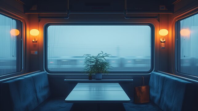 Cozy train compartment interior with warm lights and outside view in motion