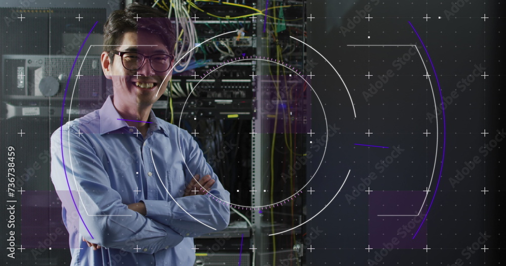 Aufkleber image of data processing over asian male it engineer and computer servers