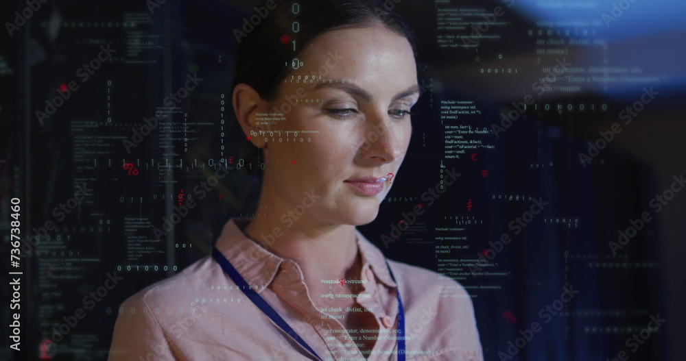 Poster image of data processing over caucasian female it engineer and computer servers
