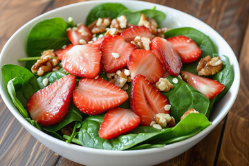 Healthy strawberry spinach salad with walnut toppings