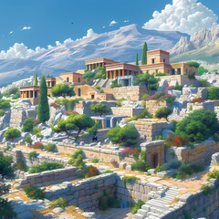 Majestic Ancient Acropolis Illustration under Clear Blue Skies
