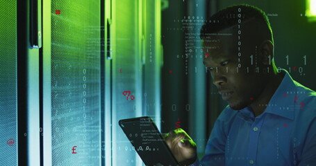 Image of data processing over african american male it engineer and computer servers