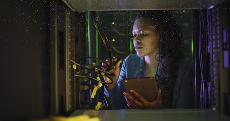 Image of data processing over african american female it engineer and computer servers