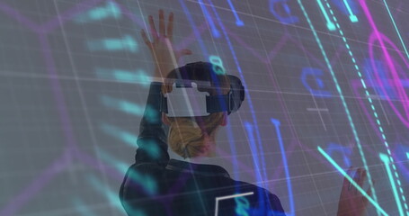 Neon scope scanner and data processing against rear view of woman gesturing while wearing vr headset - Powered by Adobe