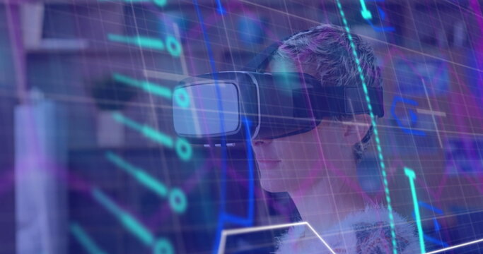 Neon scope scanner against caucasian woman wearing vr headset at home