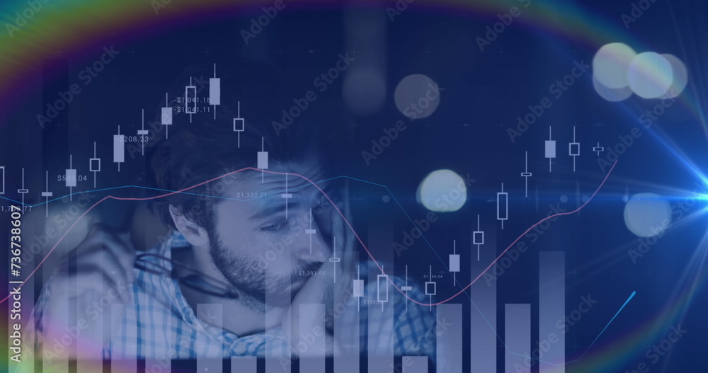 Poster image of tired man using computer, statistics recording and financial data processing