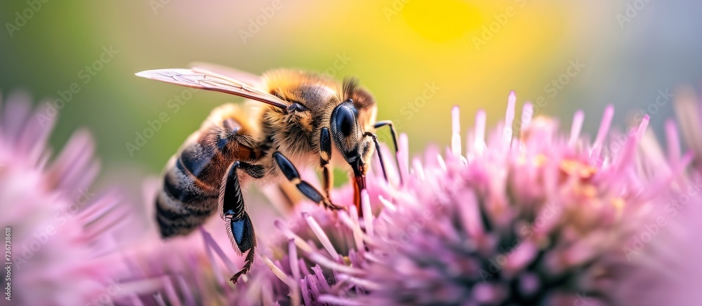Aufkleber a macro photograph capturing a bee on a pink flower, showcasing the intricate interaction between a 