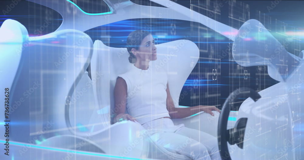 Poster image of woman using tablet sitting in vehicle and data processing