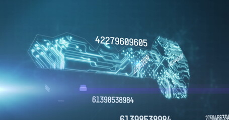 Image of numbers processing over glowing computer circuit board on blue background
