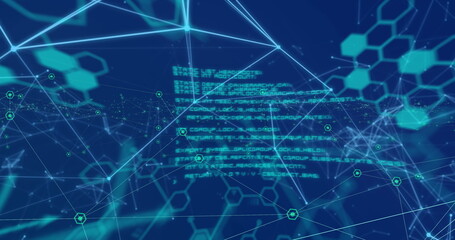 Image of network of connections with data processing over blue background