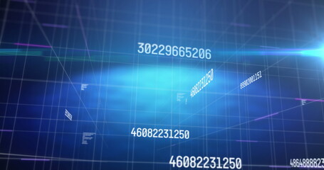 Image of numbers changing data processing on grid on glowing blue background