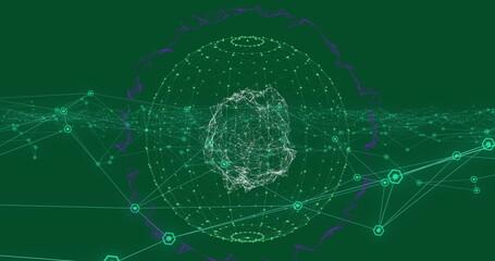 Image of globe with network of connections on green background