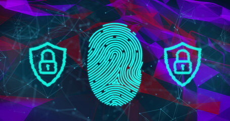 Image of network of connections with biometric fingerprints and online security padlocks