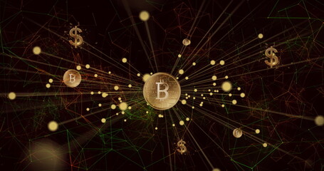 Image of network of connections with glowing bitcoin and american dollar symbols