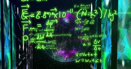Image of mathematical formulae and scientific data processing over globe