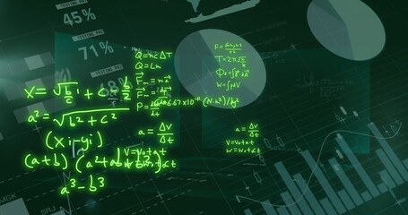 Image of mathematical formulae and scientific data processing over black background