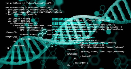 Image of dna strand and scientific data processing over black background