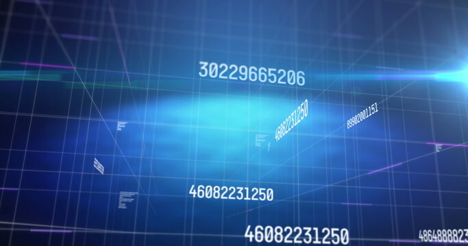 Image of numbers changing data processing on grid on glowing blue background