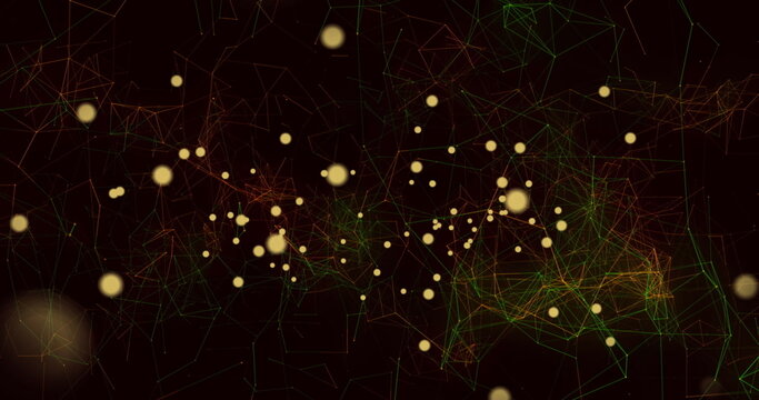 Image of network of connections with glowing bitcoin and american dollar symbols