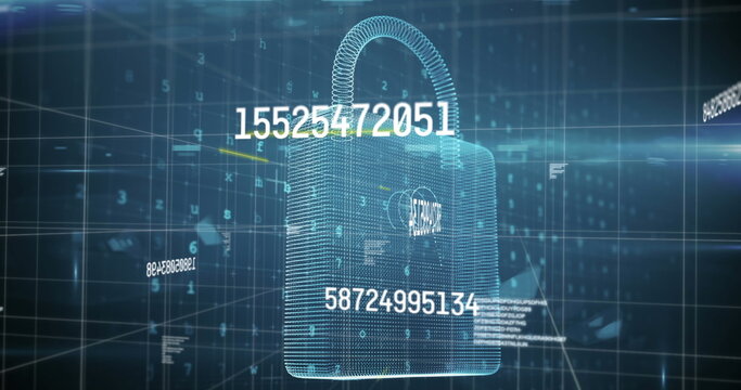 Image of numbers changing data processing with online security padlock and grid