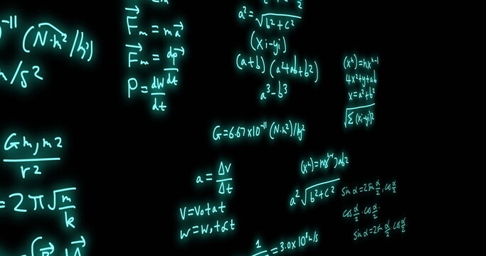Image of mathematical formulae and scientific data processing over black background - Powered by Adobe