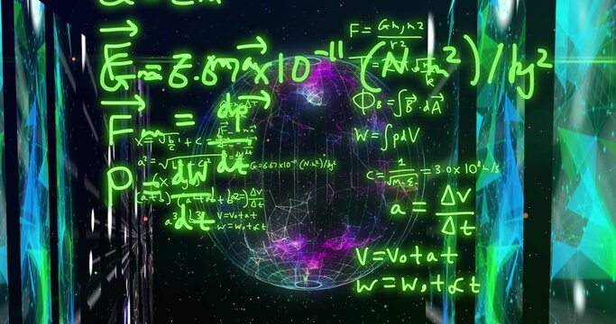 Naklejki Image of mathematical formulae and scientific data processing over globe