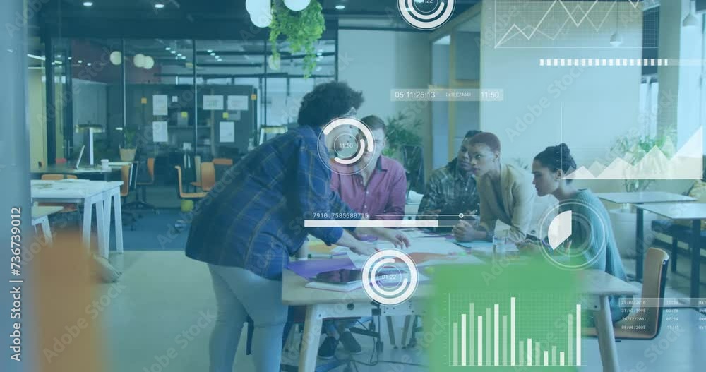 Poster animation of charts processing data over diverse colleagues discussing at casual office