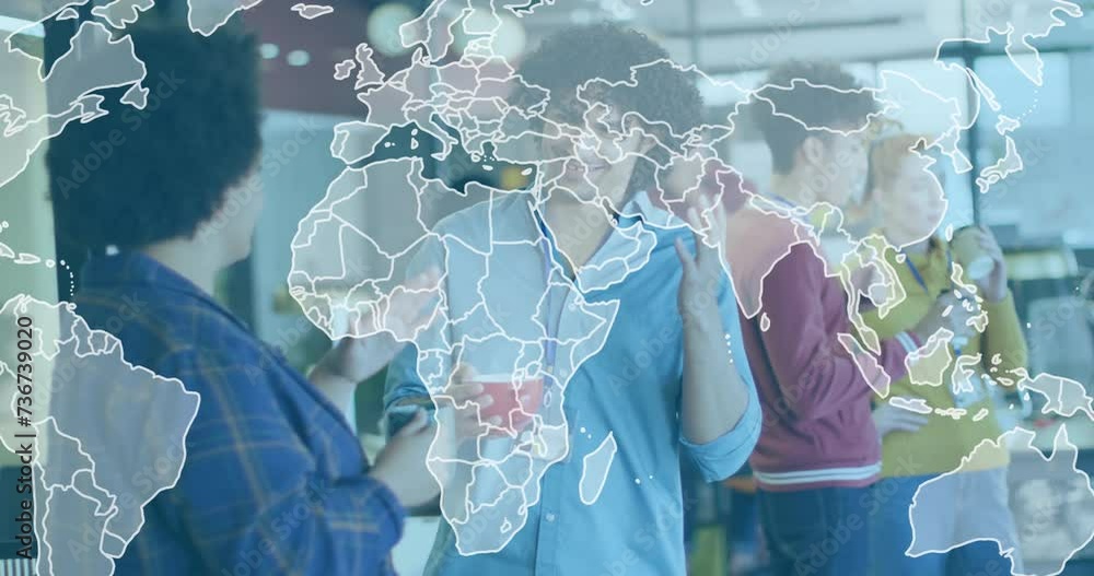 Aufkleber animation of world map and processing data over diverse colleagues discussing at casual office