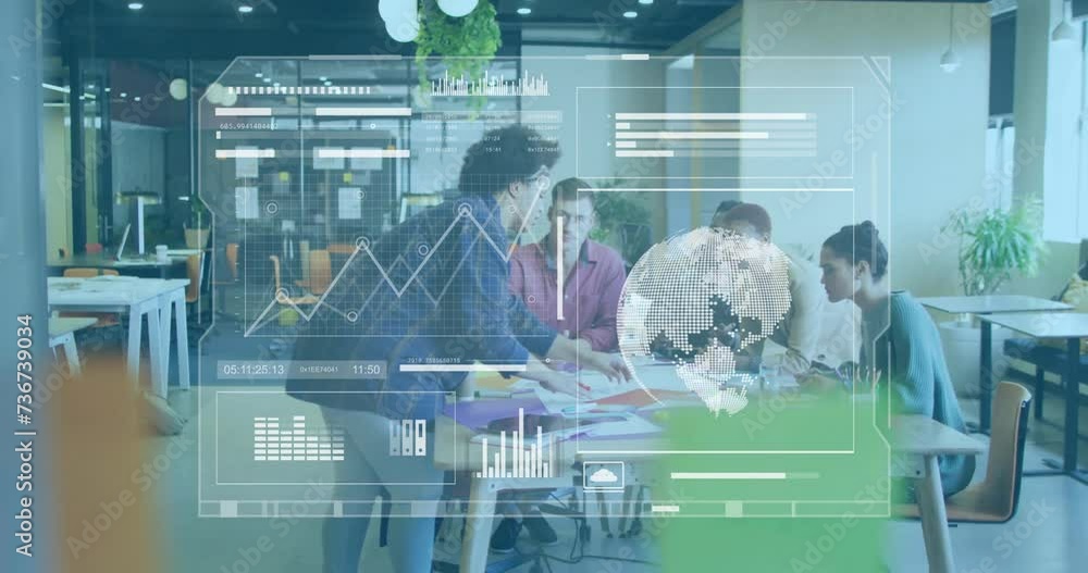 Poster animation of charts and processing data over diverse colleagues discussing at casual office