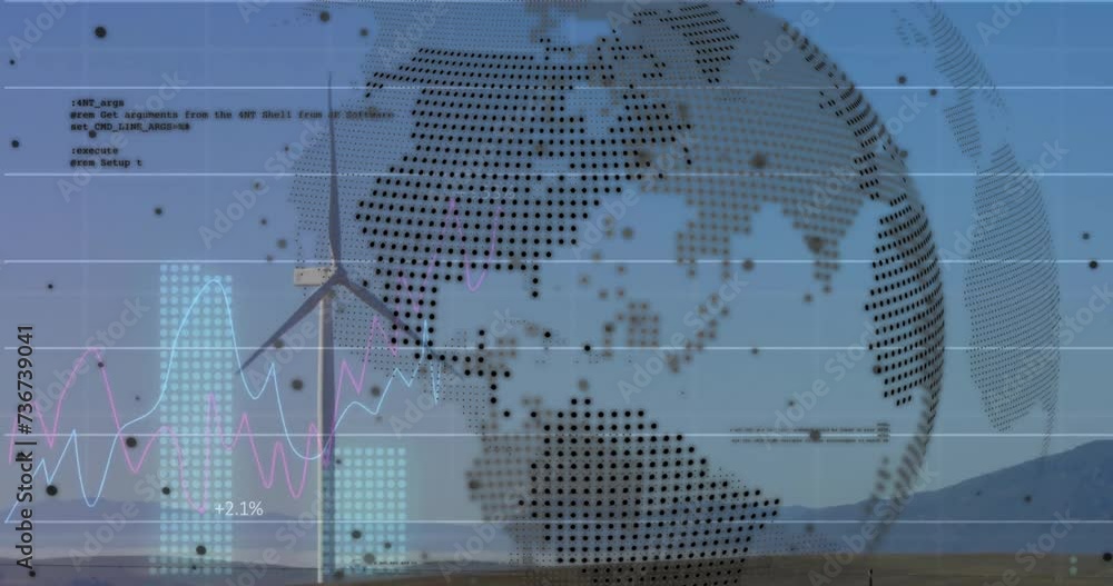 Aufkleber animation of globe and processing data over wind turbine in landscape