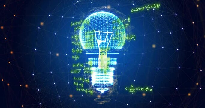 Animation of mathematical equations over light bulb and network