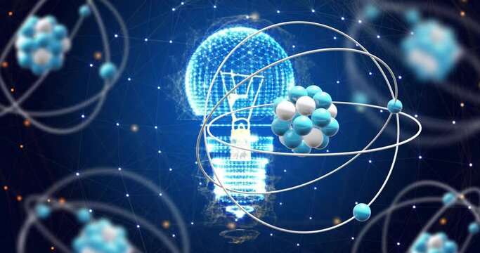 Animation of atomic structures over light bulb and networks on blue background