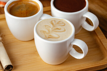 cappuccino in a mug and dessert on a plate. coffee shop menu
