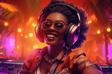African DJ woman in summer tropical party - obrazy, fototapety, plakaty