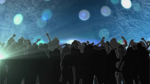 Animation of spotlight and light spots over silhouette of lively crowd at music concert