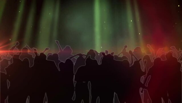 Animation of colorred lights over silhouette of lively crowd at music concert