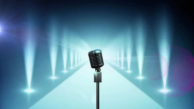 Animation of retro microphone between two moving rows of white spotlights