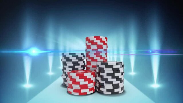 Animation of light beam over poker chips and rows of spotlights on blue background