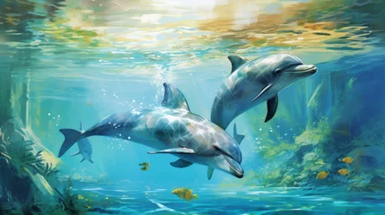 Foto op Plexiglas watercolor of the endangered Southeast asian Irrawaddy dolphin © hautecrypto