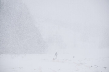 Silhouette of unrecognizable person walking on snowy terrain