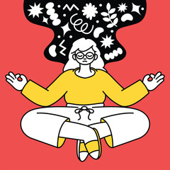 Woman meditating hand drawn vector illustration