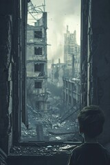 a young boy in a ruined city looking out the window