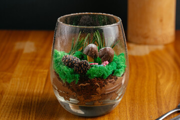 dessert in a clear glass on the table in a coffee shop